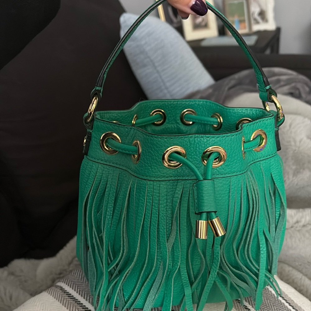 MILLY green Leather Fringe Bucket Crossbody Bag